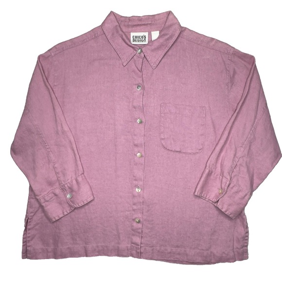 Vintage Chicos Design Shirt Womens Size 1 Pink Linen Pocket Relaxed Fit Top - Picture 1 of 6